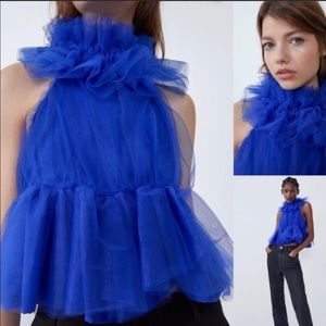 Zara blue voluminous tulle ruffle top NWT